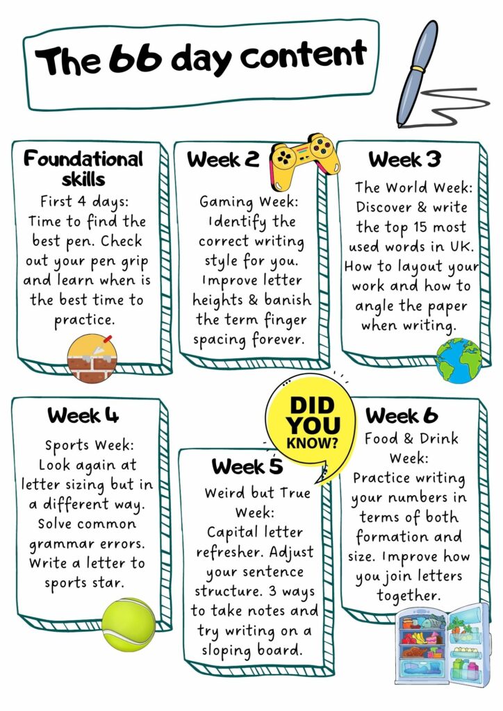 Lesson Plan week 1 to 6 teenage handwriting - Make it Readable in 66days