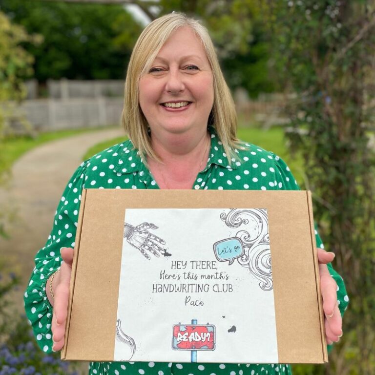 Club outer box packaging held by Sheilagh, help with handwriting founder