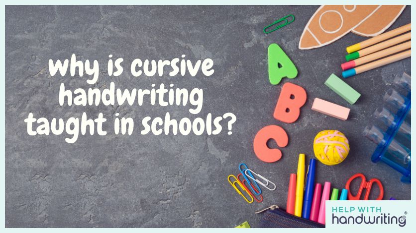 blog header image for cursive writing blog post with black board and stationary