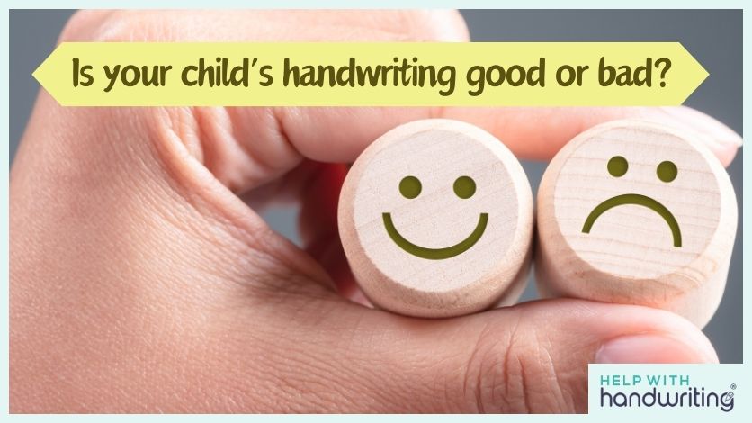 blog header image asking if handwriting good or bad, hand holding smiley face and sad face