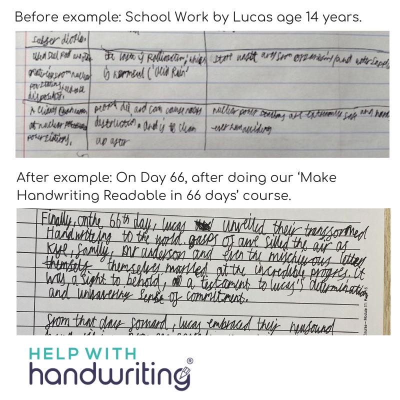 Image before and after of 66 day make handwriting readable course LB Aug'24