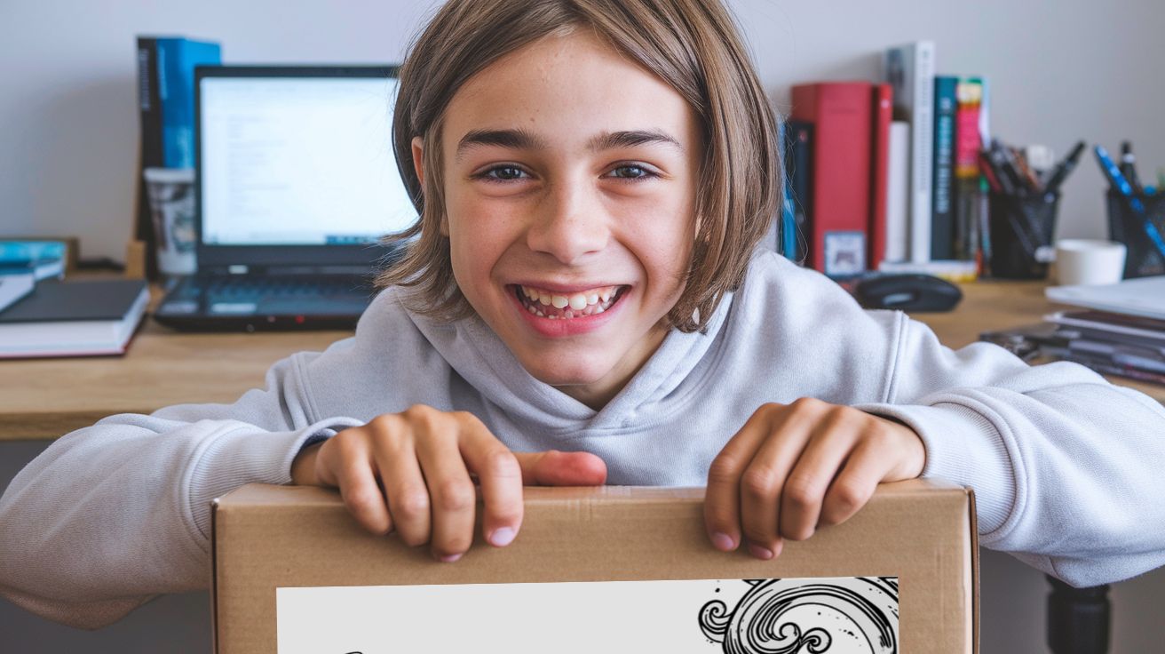 image of teenage boy holding club box with desk in the background for handwriting practice club header image