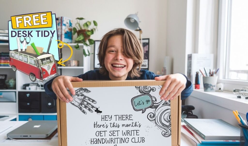 boy holding handwriting box with free desk tidy header image