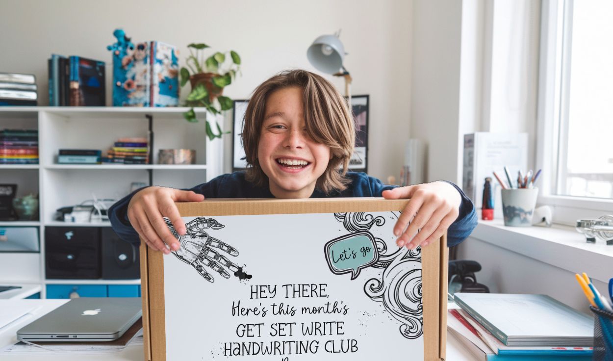 handwriting help page with club box and happy student