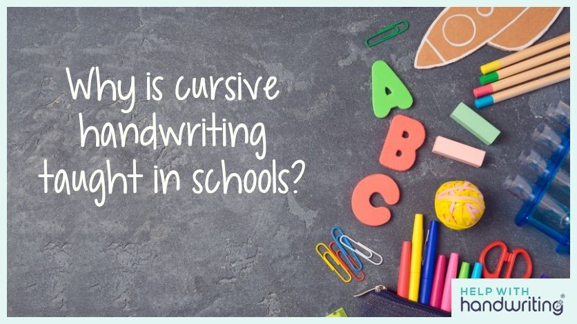blog header image for cursive writing blog post with black board and stationary