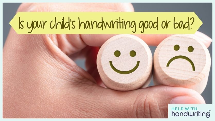 blog header image asking if handwriting good or bad, hand holding smiley face and sad face