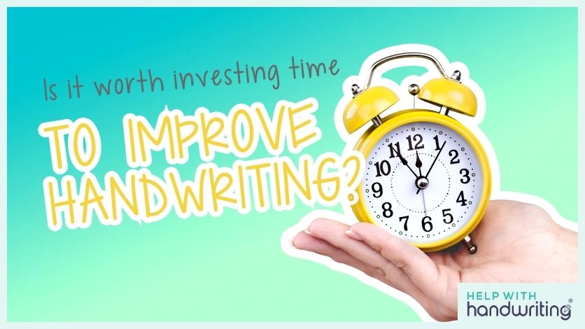 blog header image of a photographed hand holding an alarm clock for blog titled is it worth investing time to improve handwriting