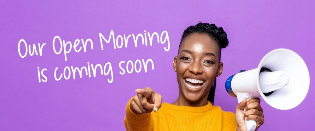 Purple background, woman with megaphone, text reads open morning coming soon